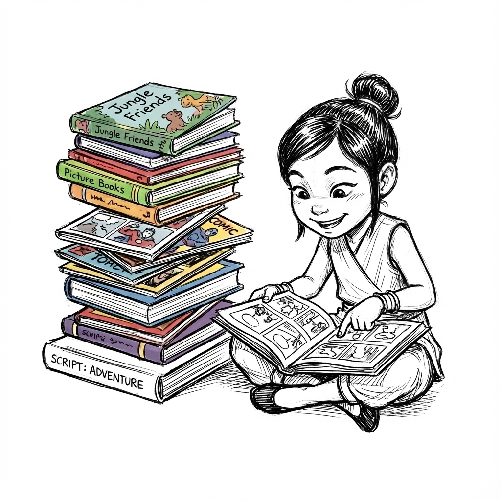 Janmani reading a stack of books and scripts