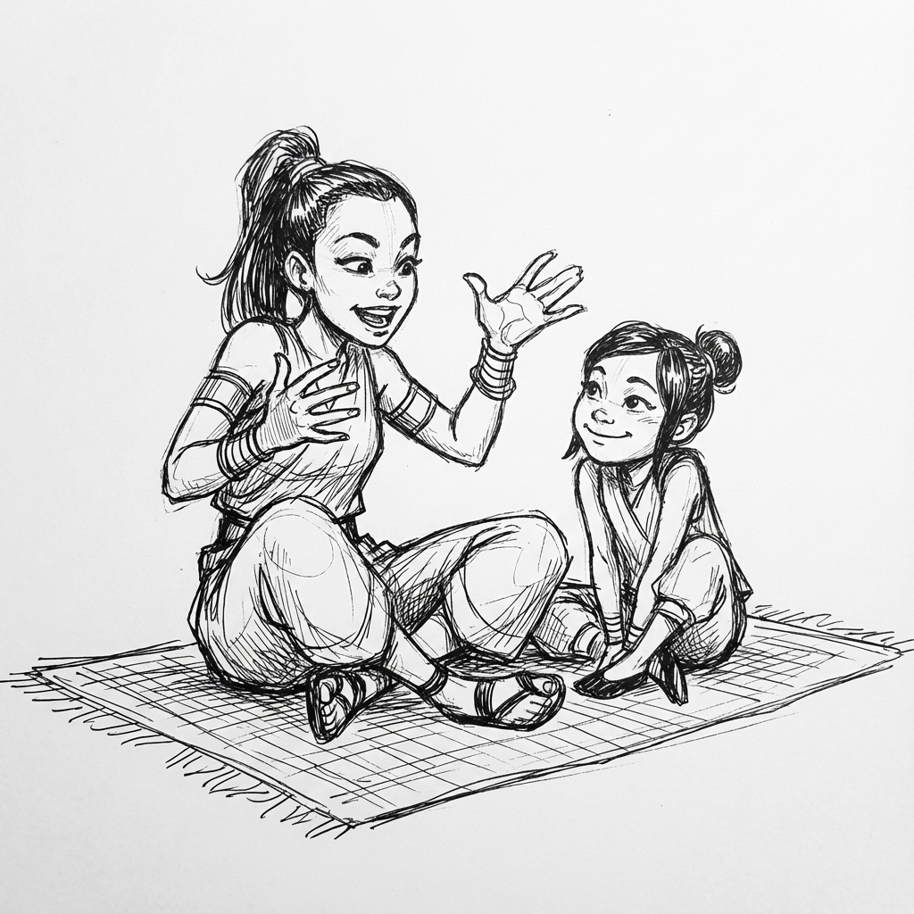 Janida and Janmani sharing stories, representing the joy of storytelling