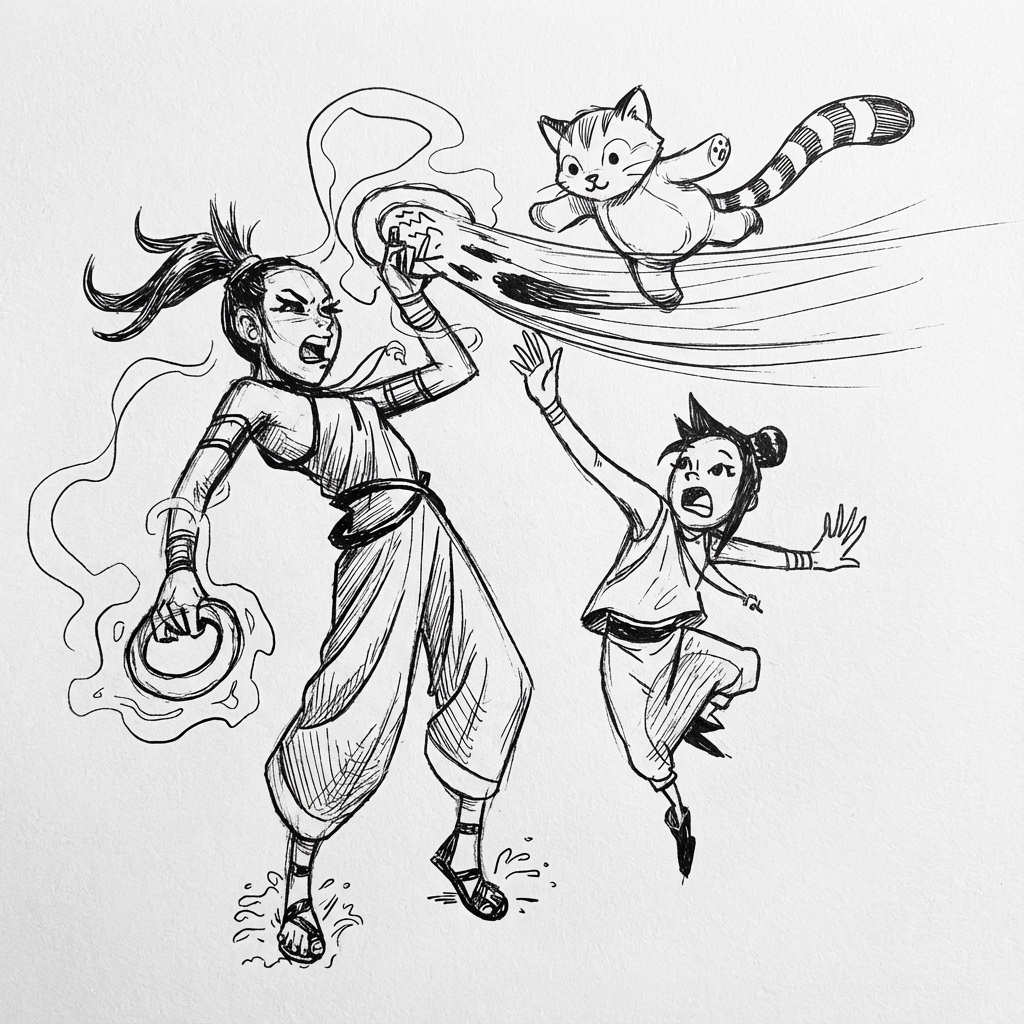 Janida absorbing a spirit ghost into her ring while Janmani and a Civet Cat plush look on